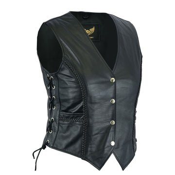 Side view of Ladies Braided Waistcoat showcasing leather side laces for waist adjustment.